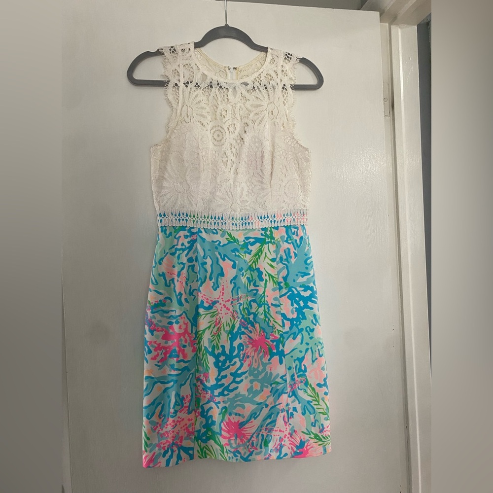 Lilly Pulitzer White Lace Sharice Stretch Shift Dress Coral Print